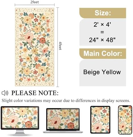 DUKINO 2x4 Entryway Rug, Floral Washable Kitchen Rugs Non Slip Beige Yellow - Image 2