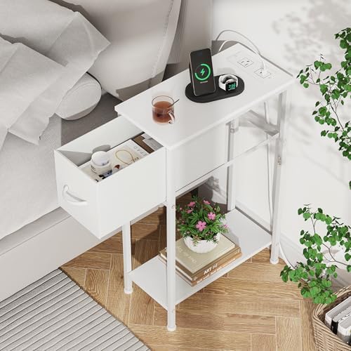 Vagusicc End Table with Charging Station, Narrow Side Table Nightstand with Fabric Drawer, Slim Nightstand for Bedroom, Small Bedside Table, Slim Sofa Side Table for Small Spaces, White - Image 5