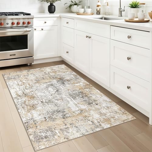 3x4 Modern Entryway Area Rug - Machine Washable Non-Skid Low Pile Indoor Mat for Bathroom,Living Room, Bedroom - Abstract Neutral Small Throw Soft Carpet with Rubber Backing (Gold Grey) - Image 3
