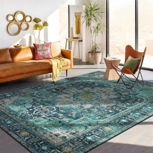 Moynesa Ultra-Thin Washable 10x14 Area Rugs for Living Room, Teal Large Living Room Rug Non Slip, Vintage Oriental Indoor Floor Carpet for Dining Room Table Dorm Home Office Decor by Moynesa