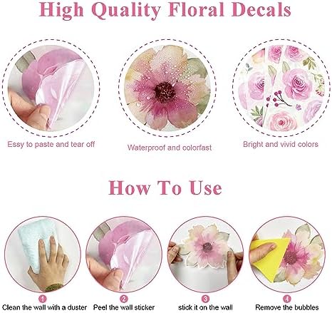 AOWDIAO 60 Pcs Flower Peel and Stick Wall Decals Watercolor Vinyl Peony Floral and Leaves Wall Stickers Pastel Flower Decor for Girls Bedroom Nursery Classroom Living Room - Image 6