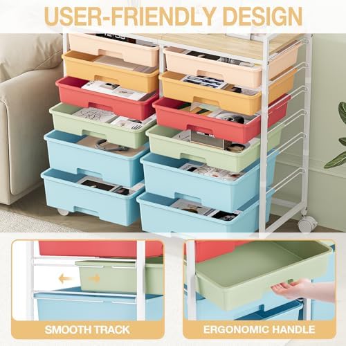 TOOLF 12 Drawers Rolling Storage Cart with Wooden Top for Classroom,Rainbow - Image 5