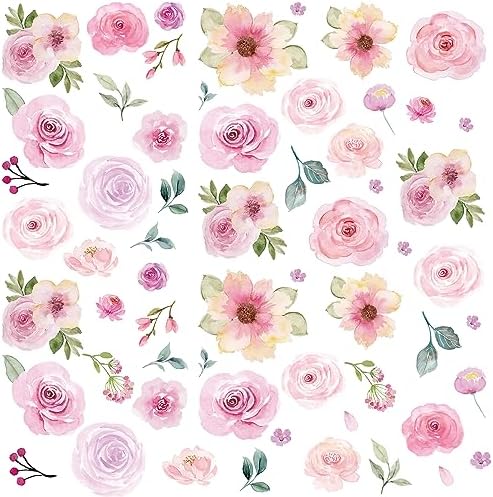 AOWDIAO 60 Pcs Flower Peel and Stick Wall Decals Watercolor Vinyl Peony Floral and Leaves Wall Stickers Pastel Flower Decor for Girls Bedroom Nursery Classroom Living Room by AOWDIAO