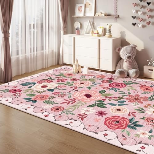DUKINO 4x6 Area Rug, Floral Washable Rug Non Slip Office Chair Mat, Pink - Image 6