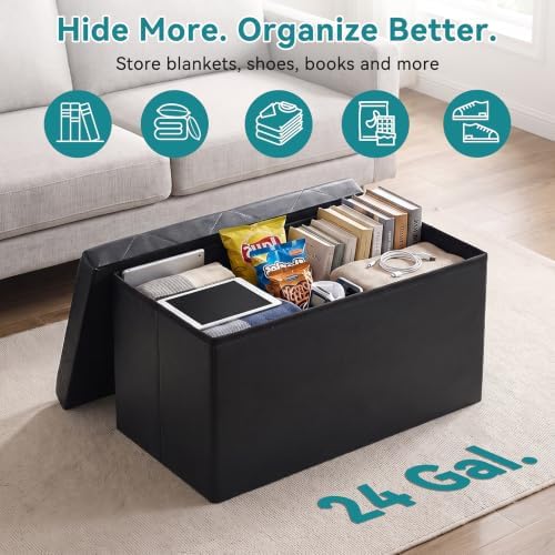 OLIXIS 30 Inch Folding Storage Ottoman Bench, Black Ottoman with Storage - Image 5