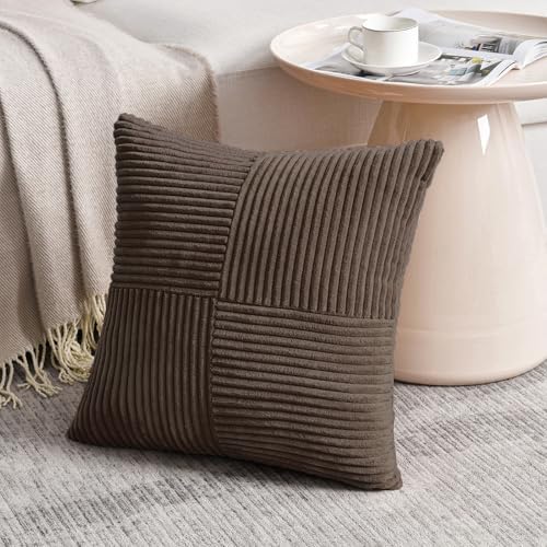 Fancy Homi 2 Packs Dark Brown Decorative Throw Pillow Covers 22x22 Inch for Living Room Couch Bed Sofa, Rustic Farmhouse Boho Home Decor, Soft Corss Corduroy Patchwork Accent Cushion Case 55x55 cm - Image 2