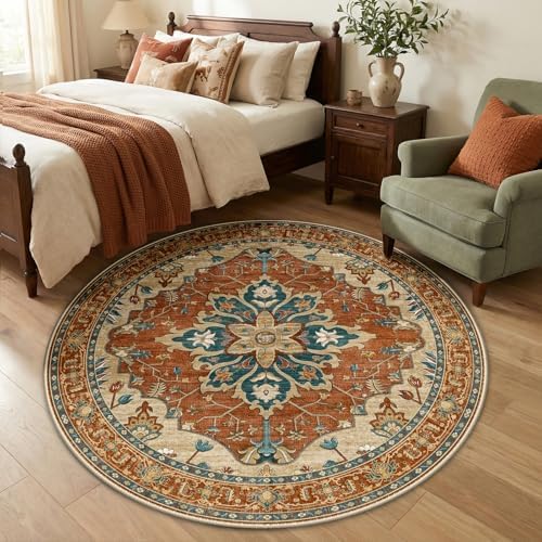 RELEANY Washable Area Rug, Round 5ft, Red/Orange/Blue/Brown - Image 2