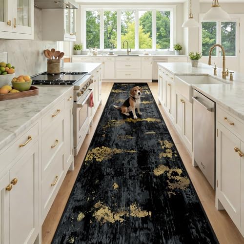 RELEANY Washable Runner 3'x12' Abstract Area Rug for Hallway Black Gold by RELEANY
