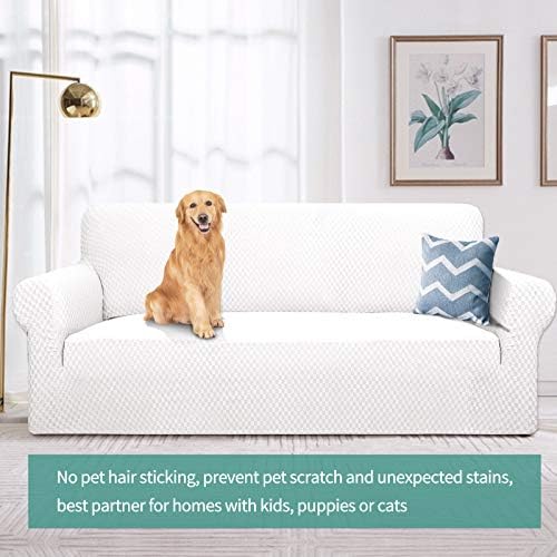 YEMYHOM Couch Cover Latest Jacquard Design High Stretch Sofa Covers for 2 Cushion Couch, Pet Dog Cat Proof Loveseat Slipcover Non Slip Magic Elastic Furniture Protector (Medium, White) - Image 2