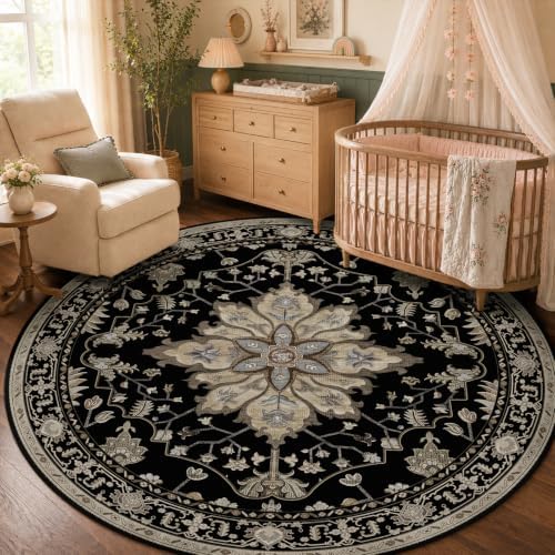 RELEANY Washable Area Rug, Round 5ft, Black/Neutral by RELEANY