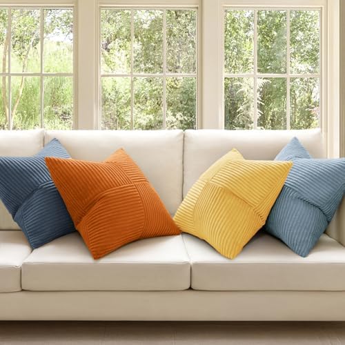MIULEE Summer Yellow Blue Decorative Throw Pillow Covers 18x18 Inch Set of 4 Soft Corduroy Boho Patchwork Pillow Covers Modern Farmhouse Bright Home Decor for Sofa Living Room Couch Bed - Image 2
