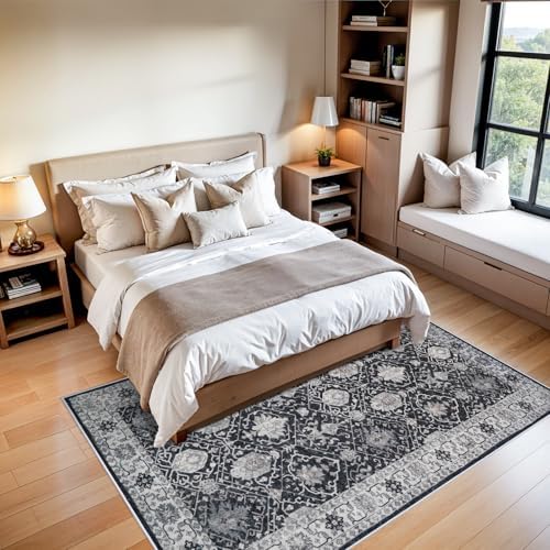 5x7 Living Room Area Rugs: Washable Non-Slip Stain Resistant Rug for Bedroom Dining Room Vintage Ultra Soft Indoor Carpet for Nursery Kitchen Farmhouse Thin Floor Mat for Home Office (5x7 Black) - Image 4