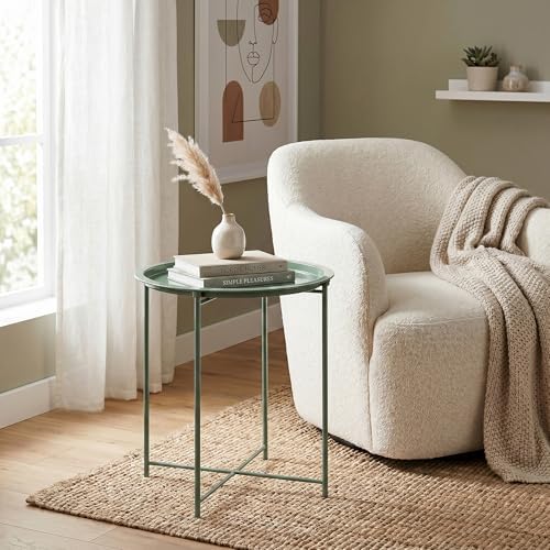 VECELO Side/End Table, Folding Round Metal Anti-Rust and Waterproof Outdoor or Indoor Tray for Living Room Bedroom Balcony and Office, 1 PCS, Dark Green - Image 2