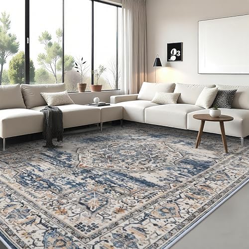 YOUFORTONG 9x12 Area Rug Washable：Large Living Room Area Rugs - Machine Washable Stain Resistant Rug - Soft Low Pile Carpet for Bedroom Dining Room 9'x12' Blue by YOUFORTONG