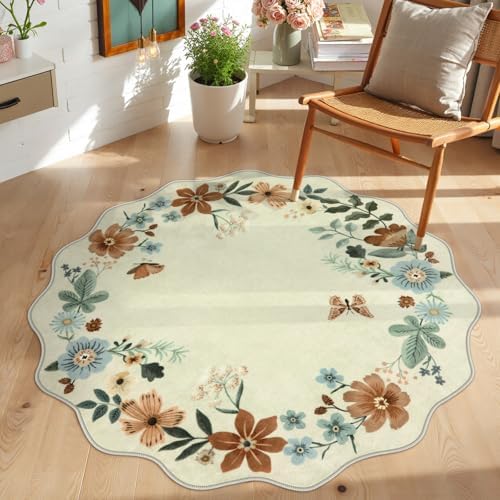 Lahome Floral Round Area Rugs, Washable Circle Small Round Rug 3ft Non-Slip by Lahome