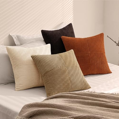 MIULEE Brown Beige Throw Pillow Covers 18x18 Inch Set of 4 Boho Farmhouse Cushion Cases for Livingroom Couch Bed Soft Corduroy Pillow Cases with Invisible Zipper Home Decor - Image 6