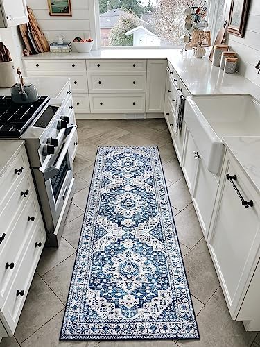 Moynesa Ultra-Thin Washable Runner Rug - 2x6 Blue Laundry Room Rug Washable Kitchen Runners Bathroom Carpet Runner, Oriental Printed Pet Friendly Hallway Runners for Bedroom Entrance Entryway RV by Moynesa