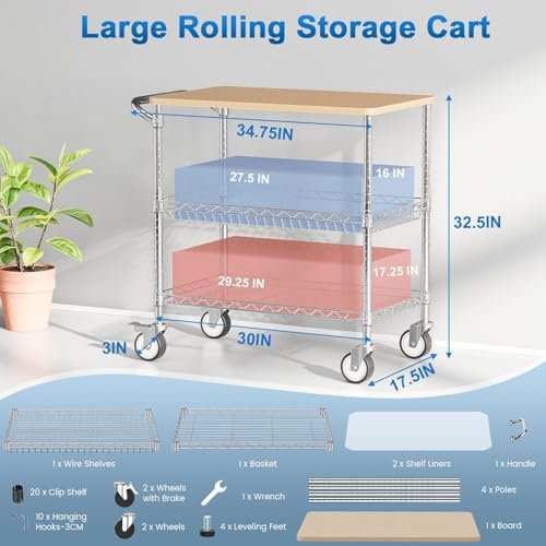 Rolling Kitchen Carts with Wheels, 3-Tier Utility Cart with Wood Tabletop - Image 4