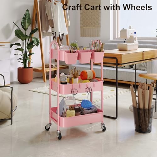 3 Tier Metal Rolling Cart with Lockable Wheels and Handle,Three Tiered Cart - Image 5
