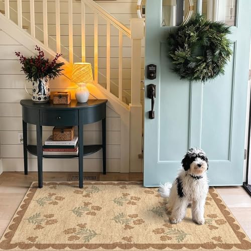 3x5 Floral Entry Rug - Small Washable Indoor Outdoor Mats for Front Door Non-Slip Jute-Look Porch Rug Boho Tan Scalloped Throw Rugs for Living Room Bedroom Entryway Kitchen Office Porch Decor - Image 5