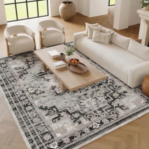 Washable Area Rug 8x10, Grey Vintage Persian Style Floral Living Room Rug - Image 3