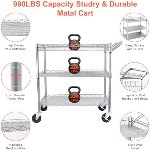 BolDuck Heavy Duty Utility Cart, 990Lbs Capacity 3 Tier Rolling Carts with Wheels, Kitchen Cart on Wheels with Storage, Commercial Grade Metal Serving Carts with Wire Shelving &Handle Bar, Silver - Image 4