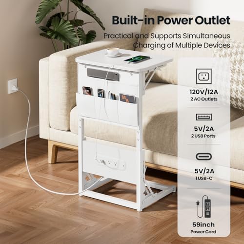 HLDIRECT C Shaped End Table with Charging Station & Storage Bag White - Image 4