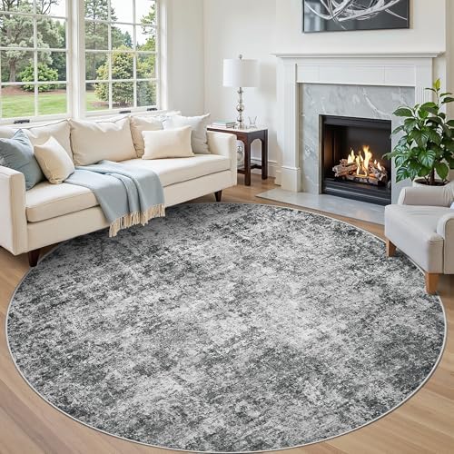 Aelenmu Round Rug 8ft Washable Rug for Dining Room Living Room Black Grey by Aelenmu