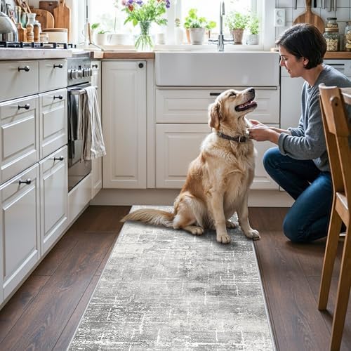Washable 2x5 Hallway Runner Rug: Indoor Abstract Water Resistant Kitchen Entryway Rug Soft Living Room Bedroom Carpet Thin Low Pile Non Slip Floor Mat for Bathroom Laundry Room(2X5，Light/Grey) - Image 2