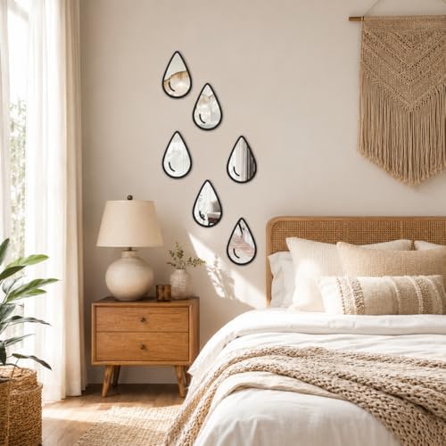 1 Set 6pcs Teardrop Mirror Wall Stickers, Self Adhesive Decorative Mirror Tiles, 5.9 x 3.5 Inch Water Drop Wall Mirror Decor for Bedroom Bathroom Living Room Entryway Modern Boho Accent by YOORORO