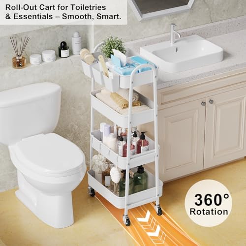 White 4 Tier Rolling Cart Metal with Wheels,Heavy Duty Utility Storage Cart - Image 6