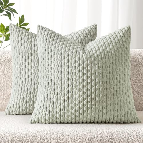 MIULEE Decorative Throw Pillow Covers 20x20 Light Green Textured Corduroy by MIULEE