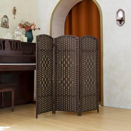 Compact 3 Panel Short Room Divider, 47.2 Inch Tall Double-Sided Rattan Folding Privacy Screen for Home & Office,Dark Brown - Image 5