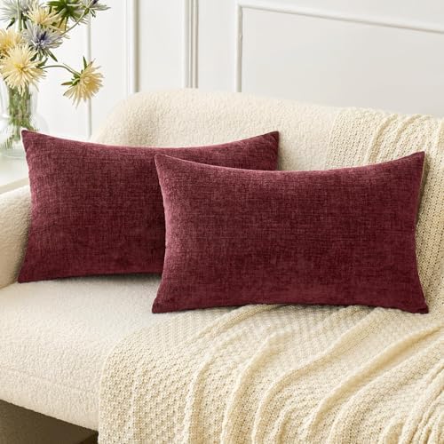 MIULEE Soft Chenille Lumbar Throw Pillow Covers Burgundy 12x20 Pack of 2 by MIULEE