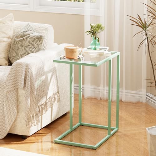Easy Paws C Shaped Table,Glass Side End Table for Sofa,Tempered Glass Snack Couch Dinner Tv Tray Table with Metal Frame,Small Bedside Nightstand Table for Small Space(Green) - Image 2