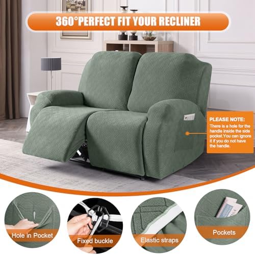 VANSOFY Recliner Cover, 2-Pieces Stretch Reclining Couch Cover with Pockets Loveseat Sofa Slipcovers Soft Washable Furniture Protector for Dogs Cats(Bean Green) - Image 5