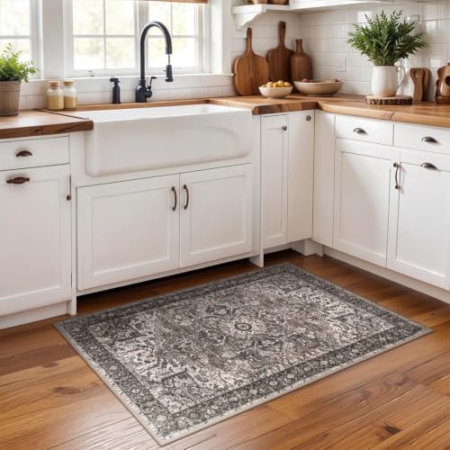 Hanples 2x3 Washable Rugs for Entryway, Vintage Floral Door Mat, Brown - Image 2