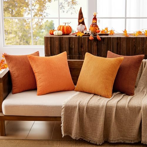 MIULEE Fall Corduroy Decorative Throw Pillow Covers Orange Rust 18x18 - Image 3
