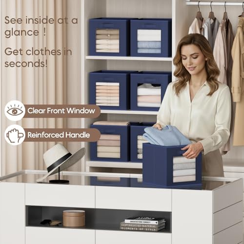Homsorout Storage Cube 11 Inch - Cube Storage Bins with Window, Closet Storage Baskets with Handle, Fabric Bins for Closet, Shelves, Toys, Clothes, Set of 12, Navy Blue - Image 2