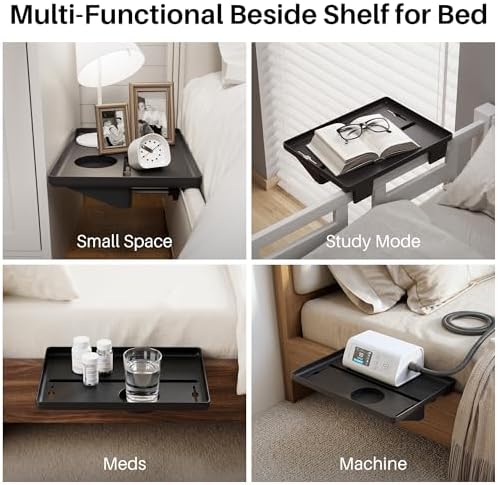JOYMOOP Clip-On Bedside Shelf for Bunk Beds, Dorm Room Essentials, Bedside Caddy, No-Tool Install Bed Side Table Storage for Loft, Platform Beds, Nightstand Caddy for Phone, Glasses, Book, Black - Image 6