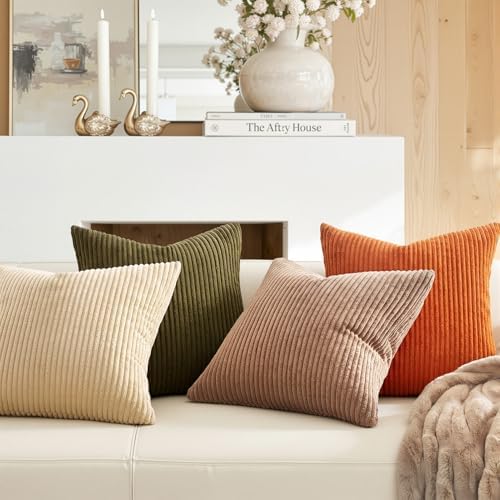 Topfinel 20x20 Sofa Pillow Covers Rust and Olive Green Velvet Throw Pillow Covers Boho Farmhouse Cushion Cases Soft Corduroy Fall Home Decor for Couch Bed Sofa Living Room Pack of 4 - Image 3