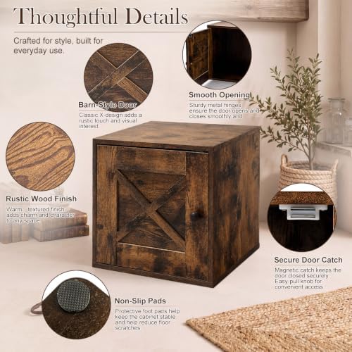 15" H x 15" W x 11.75" D Stackable Cube Storage Organizer with Door, Brown Modular Cubby Storage Bin with Non-Slip Pads, Wooden Cube Bookshelf Shelf for Bedroom, Living Room, Kitchen and Office - Image 6
