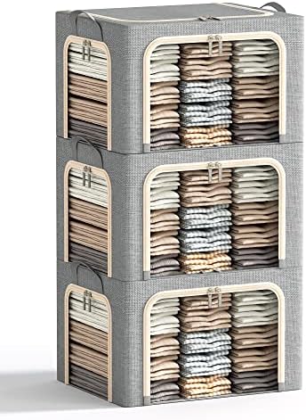 3 Openings Large Clothes Storage Bins with Metal Frame, Foldable Storage Bin for Clothes, Clothing Storage Bins with Lid, Linen Storage Box With Clear Window＆ Zippers＆ Handles.(3 Pcs,Light Grey,66L) by Furnhome