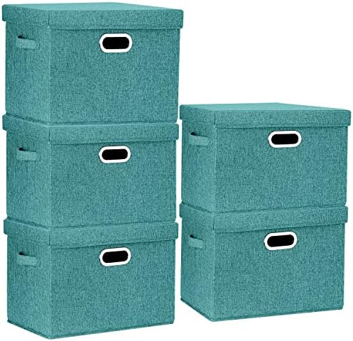 TYEERS Large Storage Bins with Lids, Collapsible, Washable, Fabric Storage Boxes for Organizing, 17.3x11.8x11.4 inches, 5 Pack, Aqua Deep by StorageOrganization