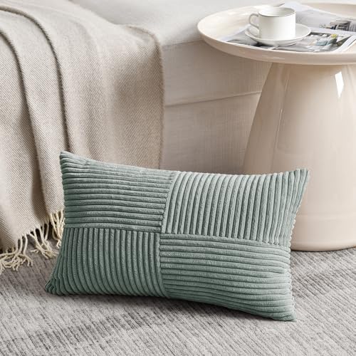 Fancy Homi 2 Packs Grey Blue Long Lumbar Decorative Throw Pillow Covers 16x24 Inch for Couch Bed Sofa, Rustic Farmhouse Boho Home Decor, Soft Striped Corduroy Rectangle Accent Cushion Case 40x60 cm - Image 2