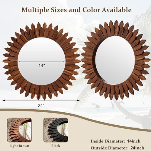 24" Walnut Round Sunburst Wooden Mirror Boho Rustic Wall Decor - Image 4