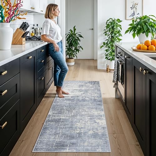 2x6 Non-Slip Entryway Area Rugs: Washable Stain Resistant Kitchen Carpet Low Pile Printed Doormat Soft Nursery Runner Vintage Abstract Floor Mat for Hardwood Bedroom Home Decor for Family(2x6,Blue) - Image 4