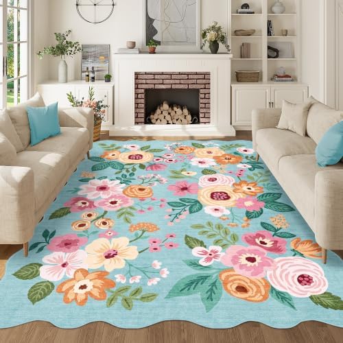 DUKINO 5x7 Area Rugs for Bedroom, Floral Washable Rug Non Slip, Teal by DUKINO