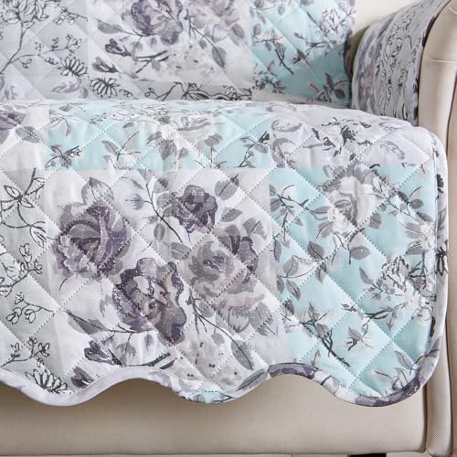 Great Bay Home Reversible Floral Patchwork Recliner Furniture Protector - Machine Washable, Scalloped Edge, Stain Resistant, Printed Furniture Cover for Dogs, Kids, and Pets (Gray/Aqua) - Image 2