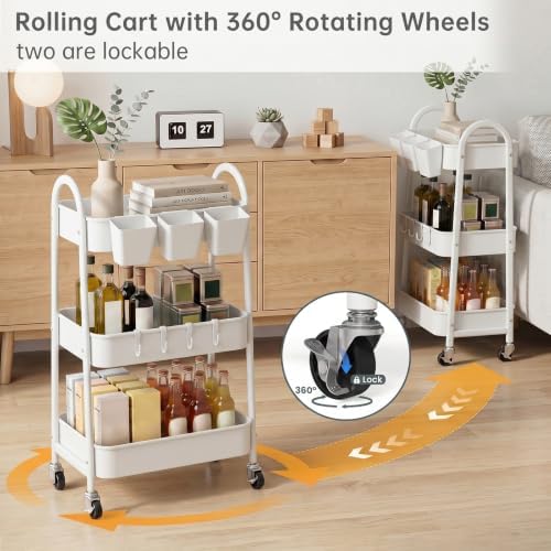 danpinera 3-Tier Rolling Cart, Utility Cart Mobile Metal Rolling Storage Cart with Lockable Wheels & Hanging Cups & Hooks for Kitchen, Bathroom, Office, Workshop, White - Image 4